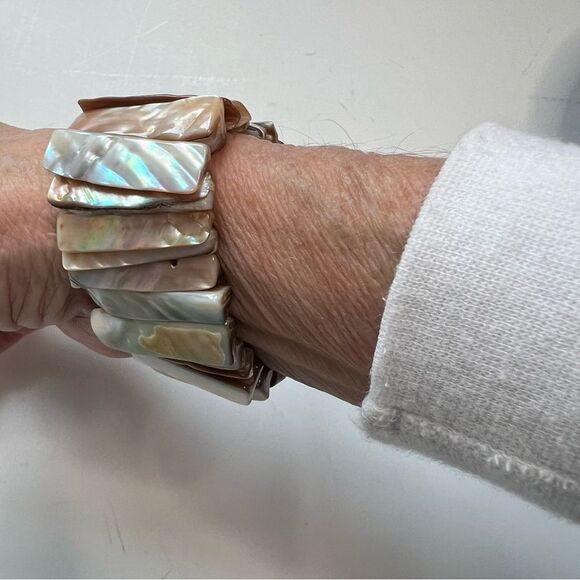 Vintage Abalone Shell Stretch Chunky Cuff Bracelet Mother of Pearl Boho - Picture 5 of 8